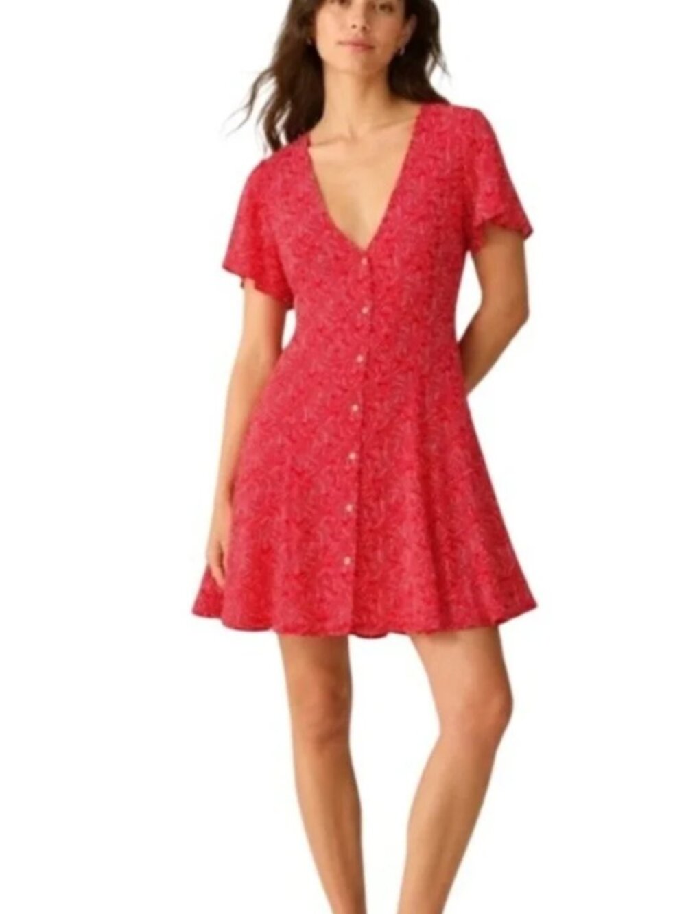Universal Thread Red Star Print Linen Blend Button Front Dress XS